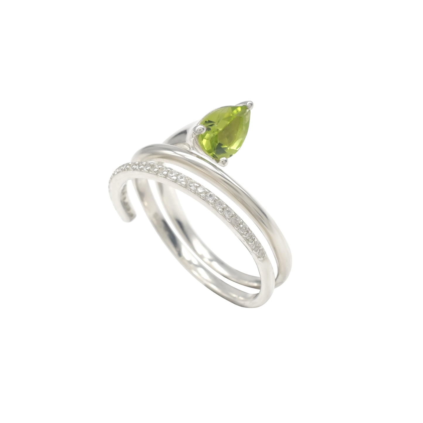 Pear Cut Peridot Swirl Ring with Zircon in Sterling Silver