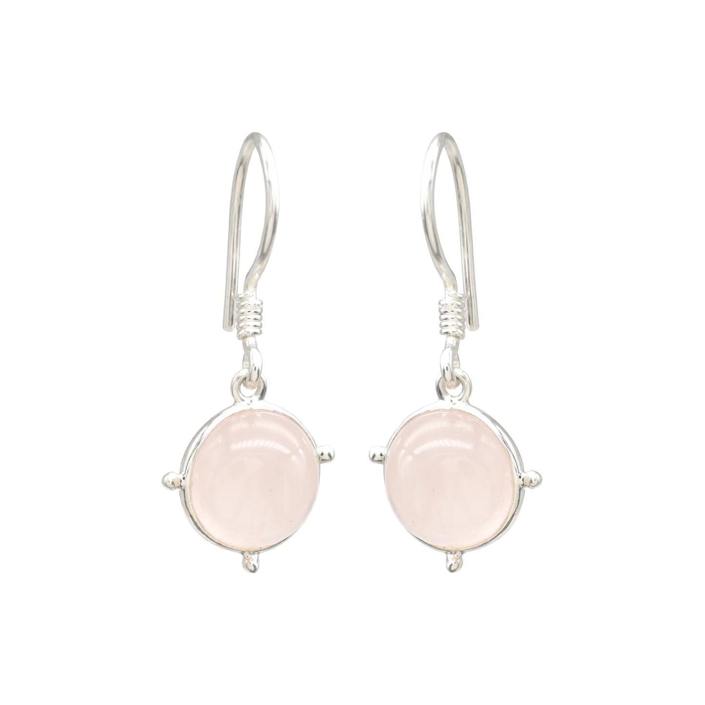 High Quality Rose Quartz Round Cabochon Dangle Earrings In 925 Sterling Silver
