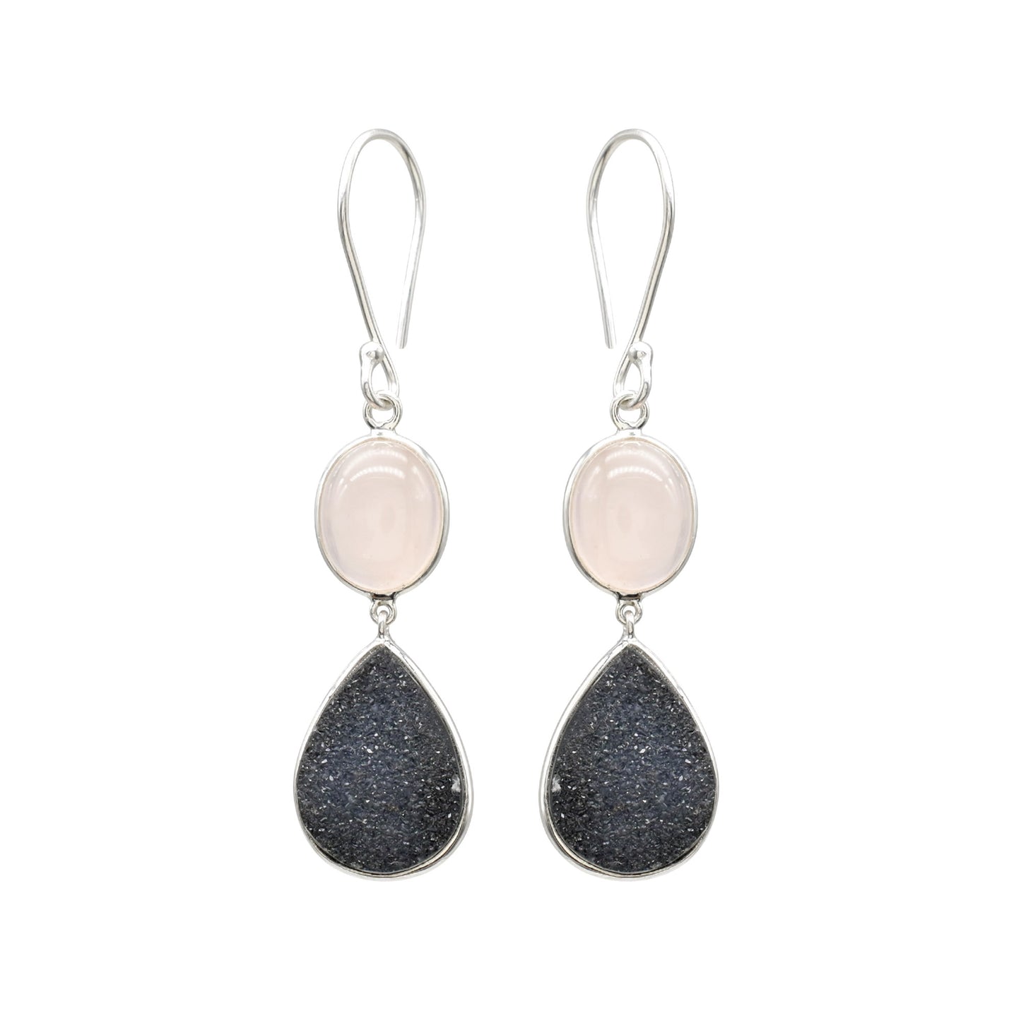 Dangle Two Stone Earrings With 8.7 Ct Rose Quartz And Druzy 925 Sterling Silver Earrings