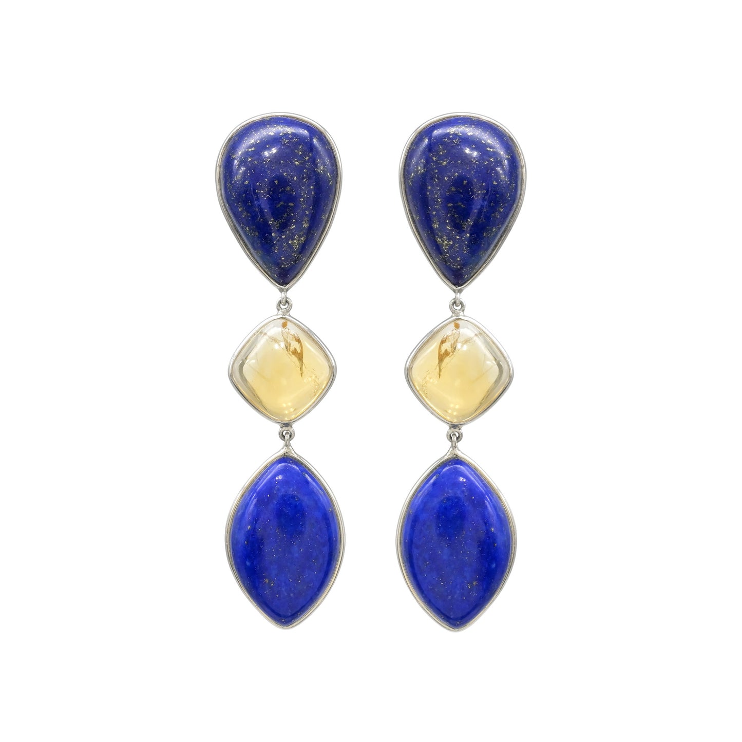 Triple Stone Dangle Earrings In 925 Silver Lapis Lazuli And Citrine Gemstone Earrings
