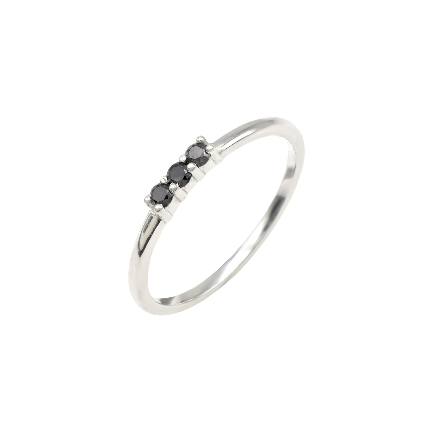 Fynige Ronde Sny 0.11 Ct Swart Diamant 3 Steen Minimalistiese Ring In 925 Sterling Silwer