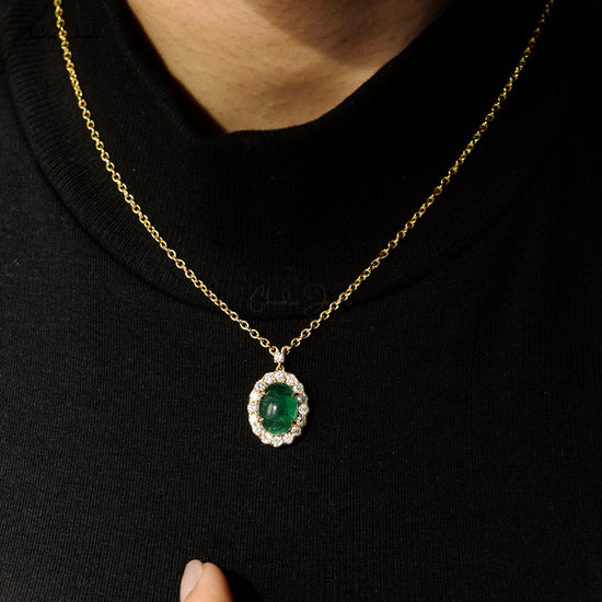 Elegant 14k Yellow Gold Diamond Halo Necklace Natural Emerald Fine Stone Statement Necklace