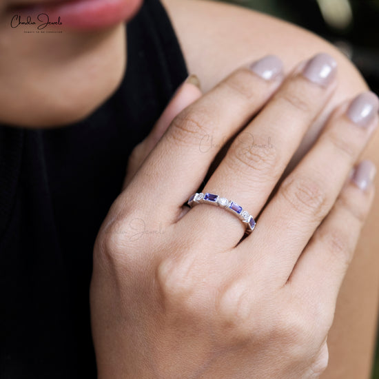 Genuine Tanzanite & Diamond Studded Half-Eternity Ring 14k White Gold Handcrafted Engagement Ring