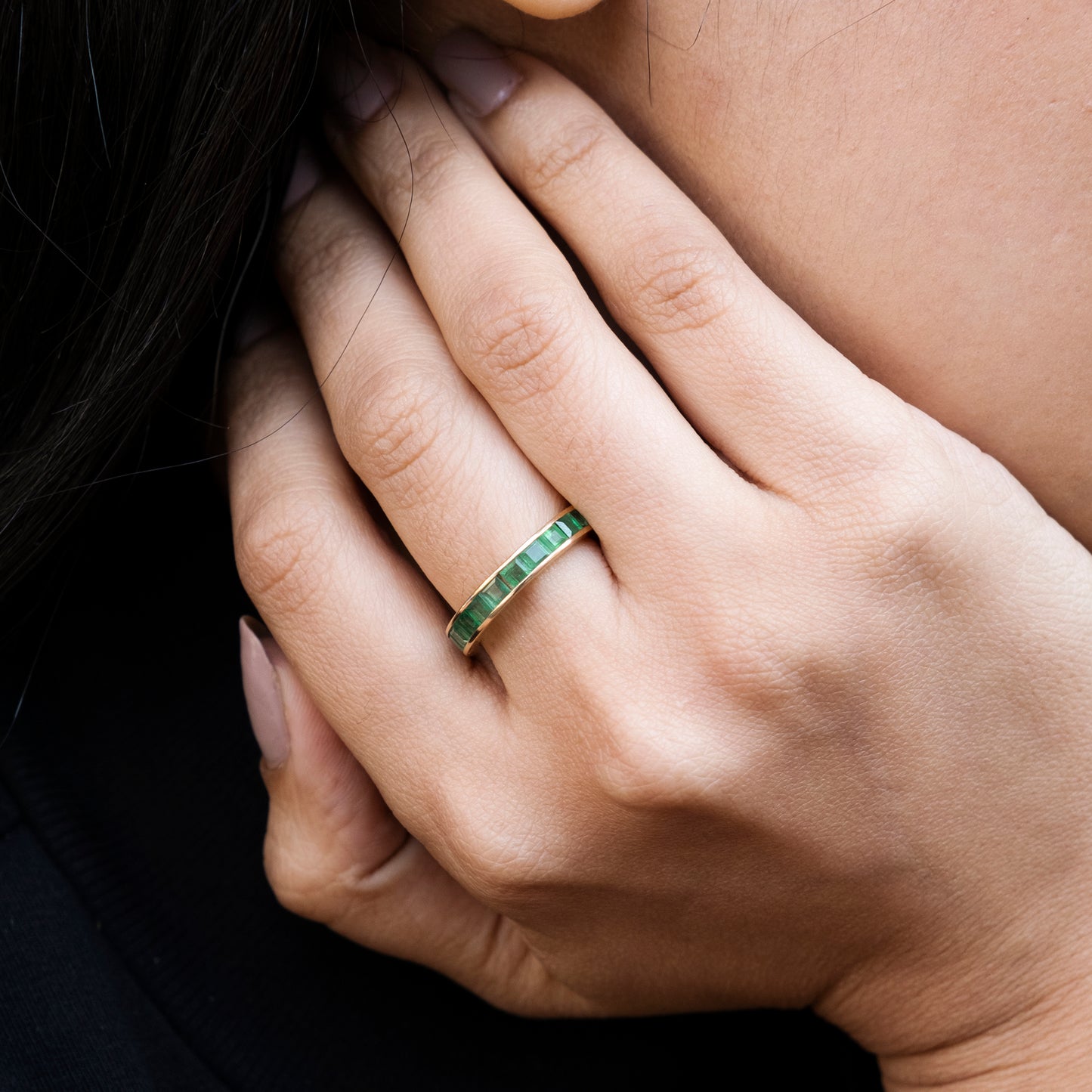 Square Cut Dainty Band In 14k Pure Gold Emerald 3mm Gemstone Full Eternity Ring For Her