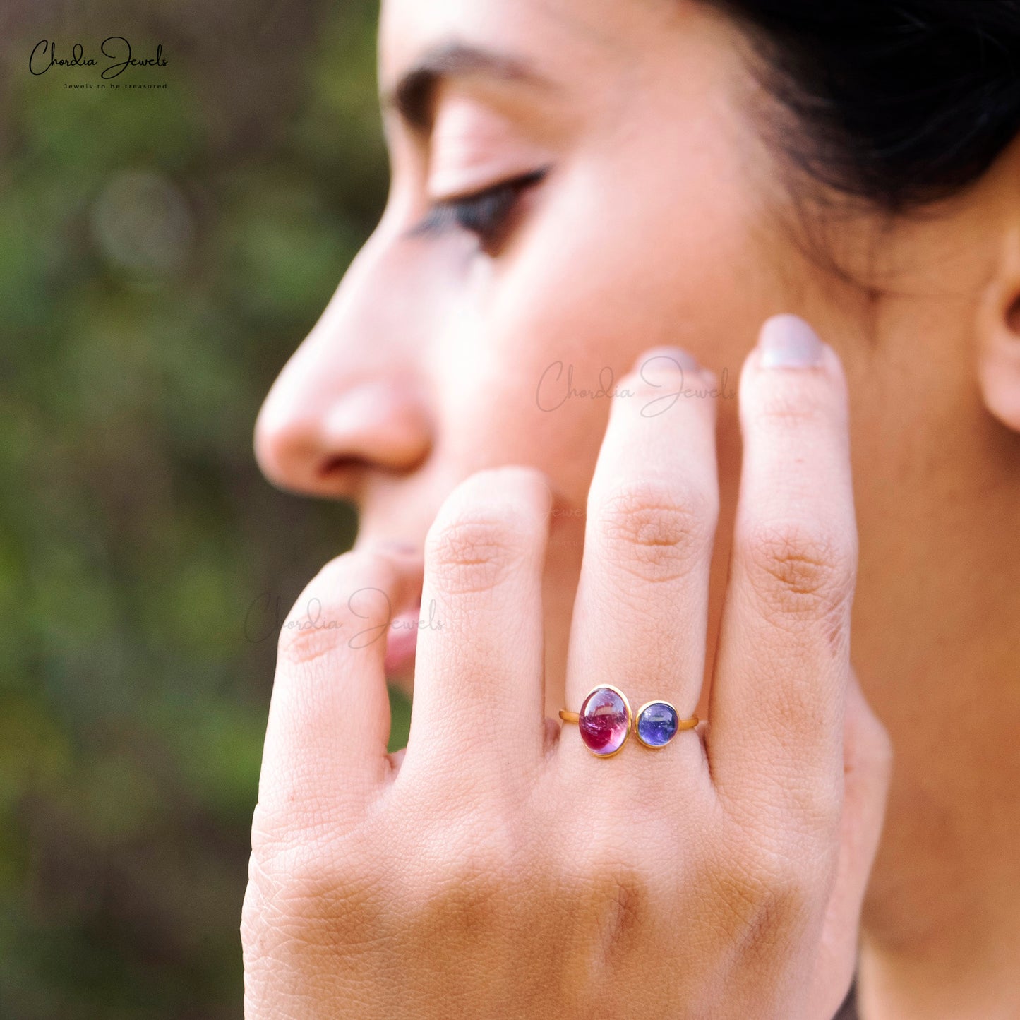 Dual Stone Split Shank Ring With 10x8mm Pink Tourmaline Tanzanite 14k Yellow Gold Rings