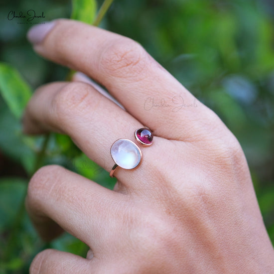 Dainty Rainbow Moonstone & Rhodolite Garnet Ring 14k Real Rose Gold Multi Gemstone Wedding Ring