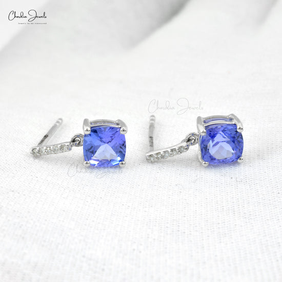 Natural Tanzanite Gemstones Earrings with Accented Diamonds in 14k White Gold