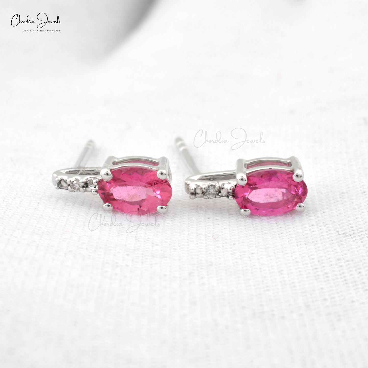 Natural Pink Tourmaline Oval Cut Accented Earrings 14k Solid White Gold Diamond Earrings For Birthday Gift
