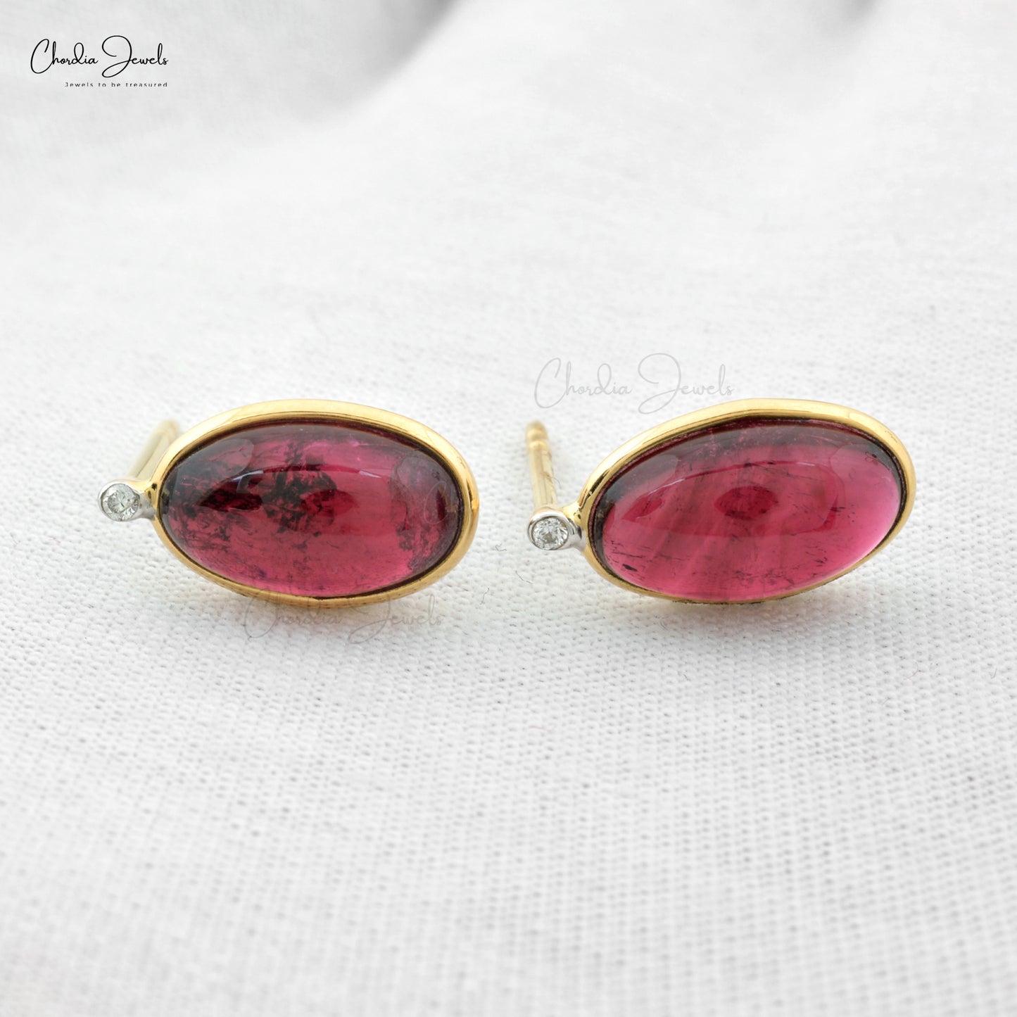 Natural Pink Tourmaline Studs Earrings 12x7mm Oval cabochon Gemstone Studs Earring 14k Yellow Gold Diamond Studs For Her