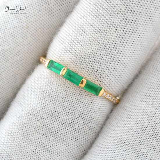 Natural Emerald Dainty Ring 14k Solid Yellow Gold Ring 4x2mm Baguette Cut Ring For Birthday Gift