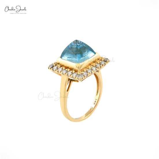 Genuine Aquamarine Sugarloaf Halo Ring Size US-7 14k Solid Gold Diamond Ring For Her