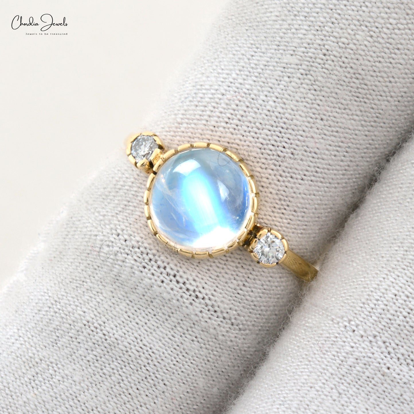 Genuine Rainbow Moonstone 8mm Round Cabochon Ring For Engagement 14k Solid Yellow Gold G-H Diamond Minimalist Dainty Ring