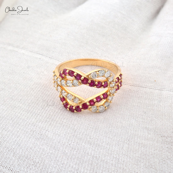 Red Ruby 2mm Round Cut Natural Gemstone Ring 14k Solid Yellow Gold Diamond Crossover Ring For Engagement