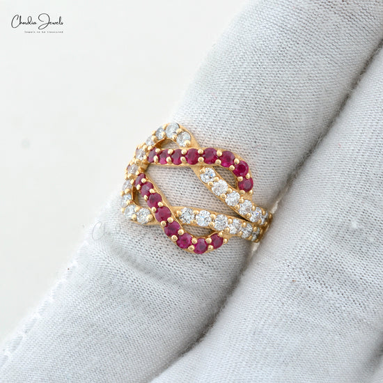 Red Ruby 2mm Round Cut Natural Gemstone Ring 14k Solid Yellow Gold Diamond Crossover Ring For Engagement