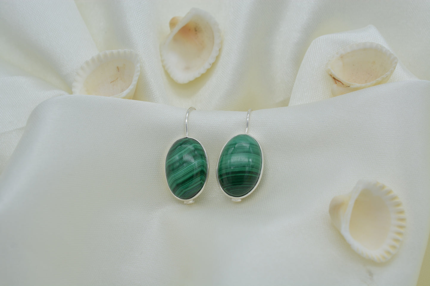 Natural Malachite Wire Earrings In 925 Sterling Silver Oval Gemstone Jewelry For Women