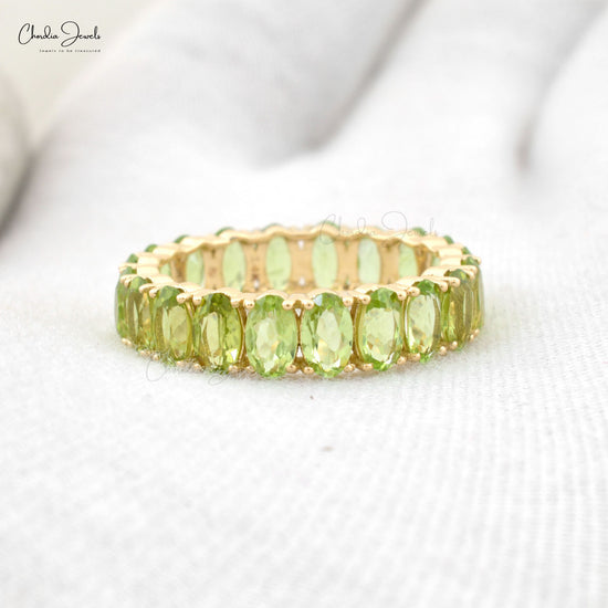 Natural Peridot Eternity Ring 5x3mm Oval Cut Gemstone Dainty Ring Size US-7 14k Solid Yellow Gold Ring For Engagement