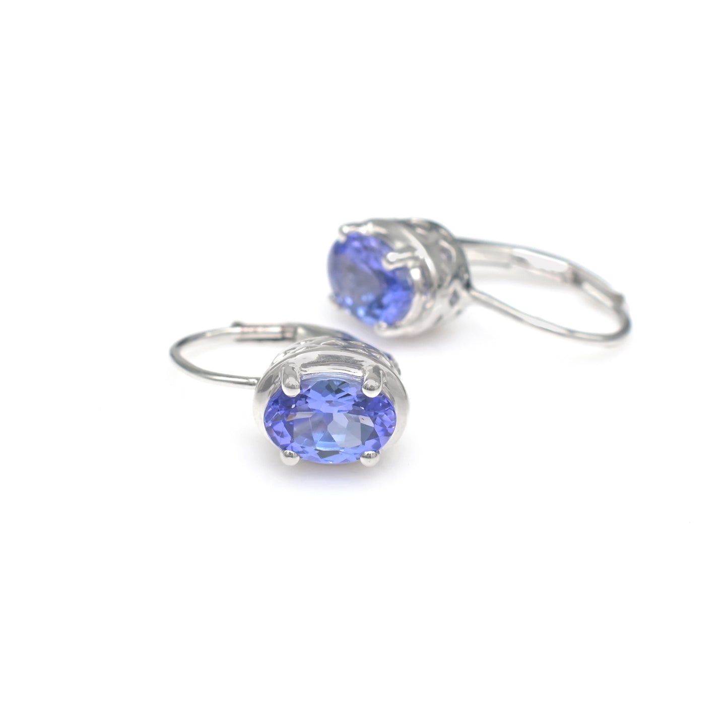 Solitaire Lever Back Earrings With 7x5mm Tanzanite Birthstone Earring In 14k White Gold