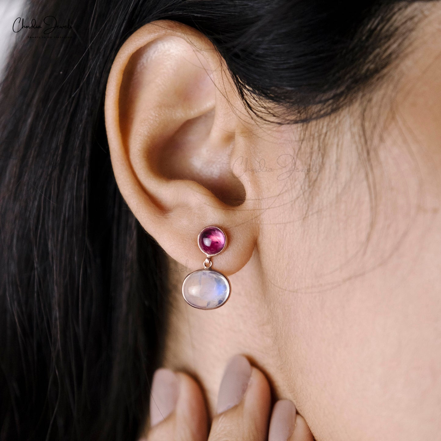 Moonstone & Pink Tourmaline Dangle Earrings