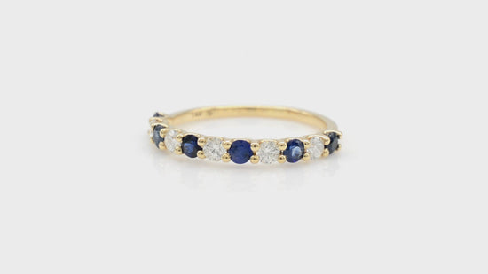 Load and play video in Gallery viewer, Natural Blue Sapphire Half Eternity Band 2.5mm Round Gemstone 14k Solid Yellow Gold Diamond Eternity Ring For Her
