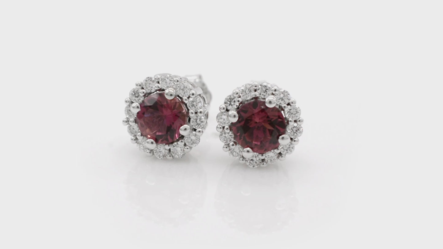 Load and play video in Gallery viewer, Halo Stud Earrings With Pink Tourmaline Gemstones Real 14k White Gold Diamond Accented Studs

