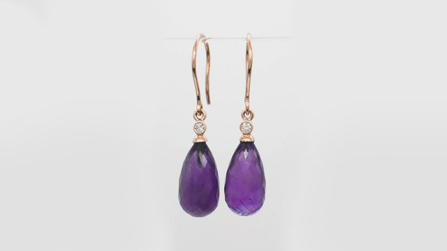 Load and play video in Gallery viewer, Natural Amethyst Drop Earrings in 14k Solid Rose Gold
