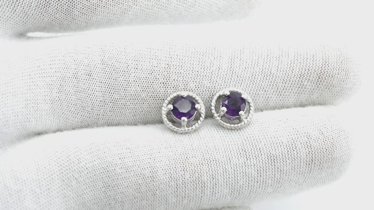Load and play video in Gallery viewer, Exquisite 14k White Gold Cluster Earring Genuine 0.84ct Amethyst Gemstone Stud Earrings
