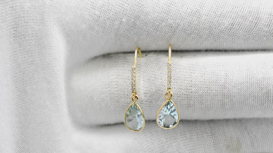 Load and play video in Gallery viewer, Authentic Aquamarine Earrings 1mm White Diamond Hallmarked Jewelry 14k Solid Yellow Gold  Dangle Earrings For Her
