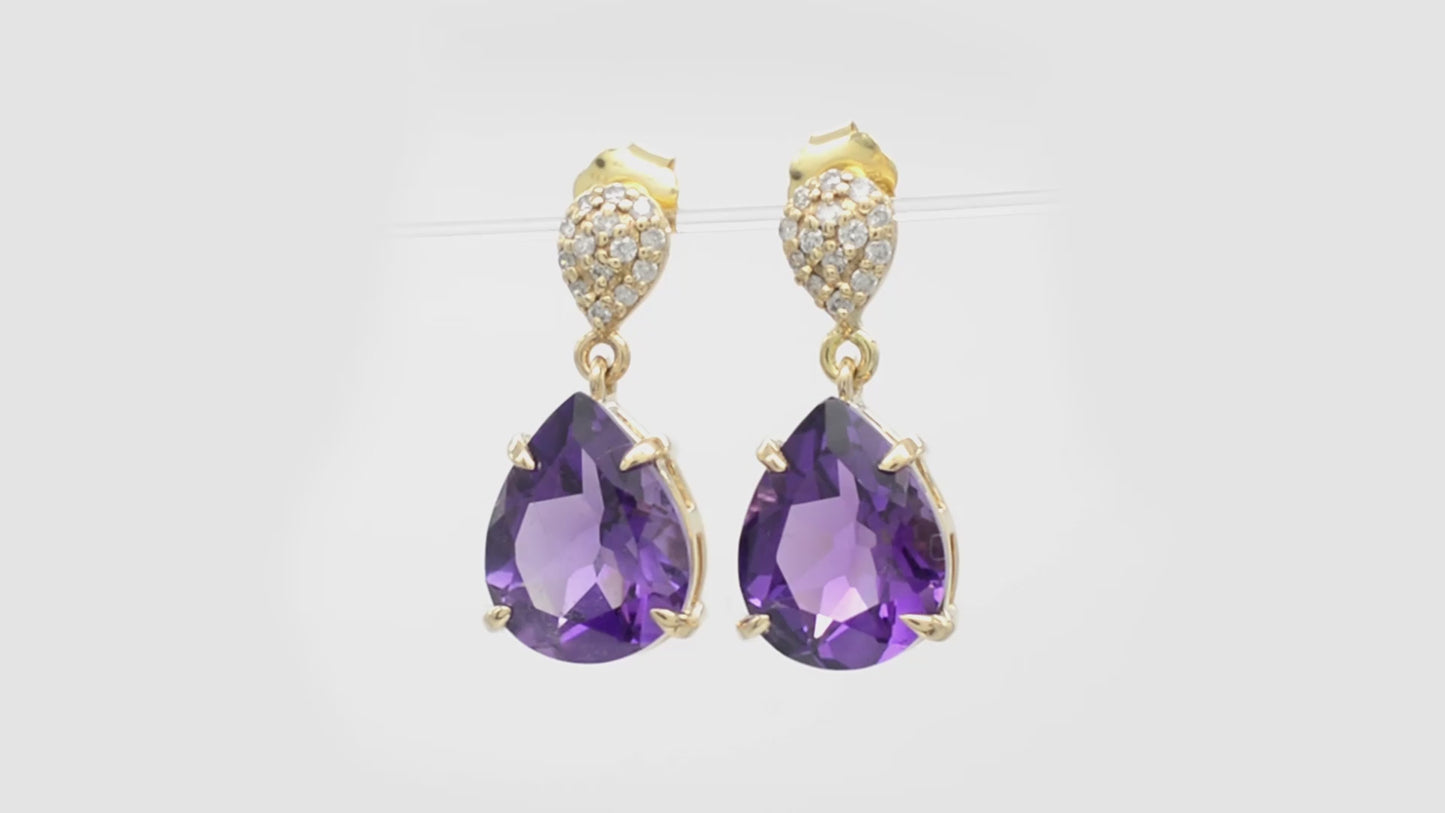 Load and play video in Gallery viewer, Natural Pear Amethyst Gemstone Dangle Earrings Solid 14k Yellow Gold Diamond Dainty Earring
