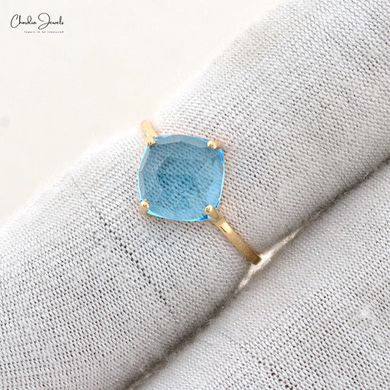 14k Solid Yellow Gold Natural Swiss Blue Topaz Ring 8mm Cushion Cut Gemstone Prong Set Ring Gift for Women's