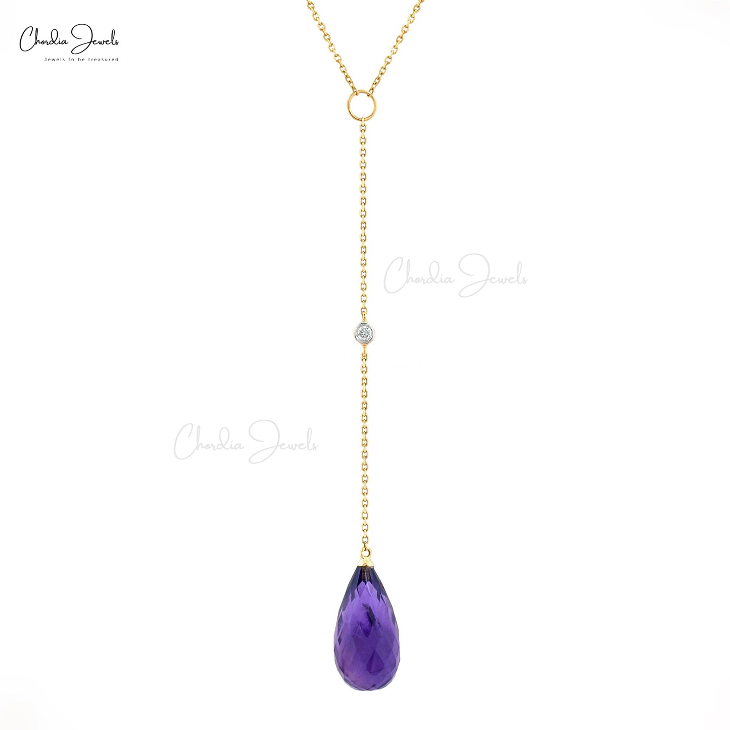 14k Yellow Gold Diamond Lariat Necklace with Amethyst Gemstone