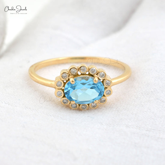 14k Solid Yellow Gold Ring, Natural Swiss Blue Topaz Halo Ring, 7x5mm Oval Gemstone Ring, December Birthstone Wedding Ring Gift for Her