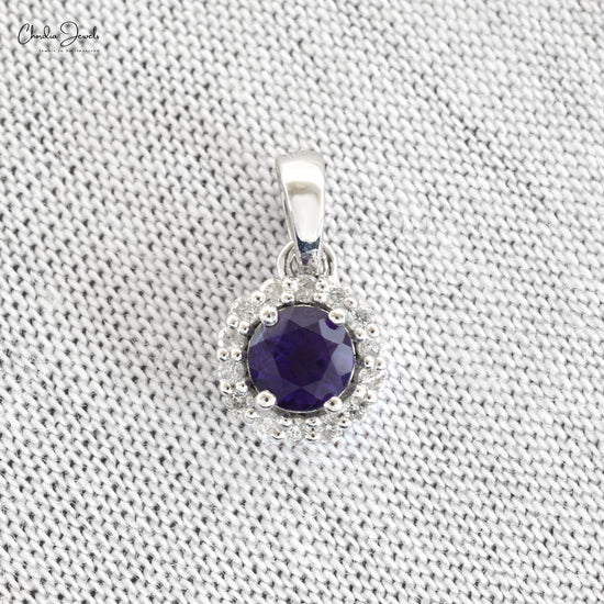 Classic Dangling Round Shape Halo Diamond Pendant Necklace Real 14k Gold Genuine Amethyst Gemstone Jewelry For Engagement Gift