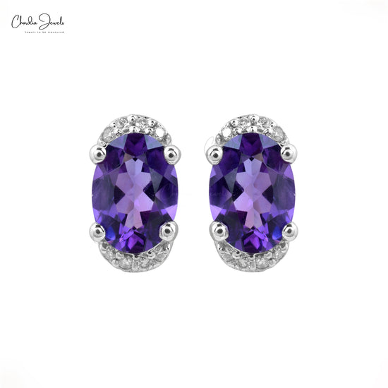 Purple Amethyst Half Halo Studs 7x5mm Oval Cut Natural Gemstone Handmade Earrings 14k Real Gold Diamond Summer Jewelry