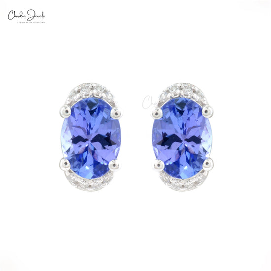 Genuine Blue Tanzanite Half Halo Studs 14k White Gold G-H Diamond Summer Jewelry 7x5mm Oval Cut Gemstone Push Back Earrings For Her