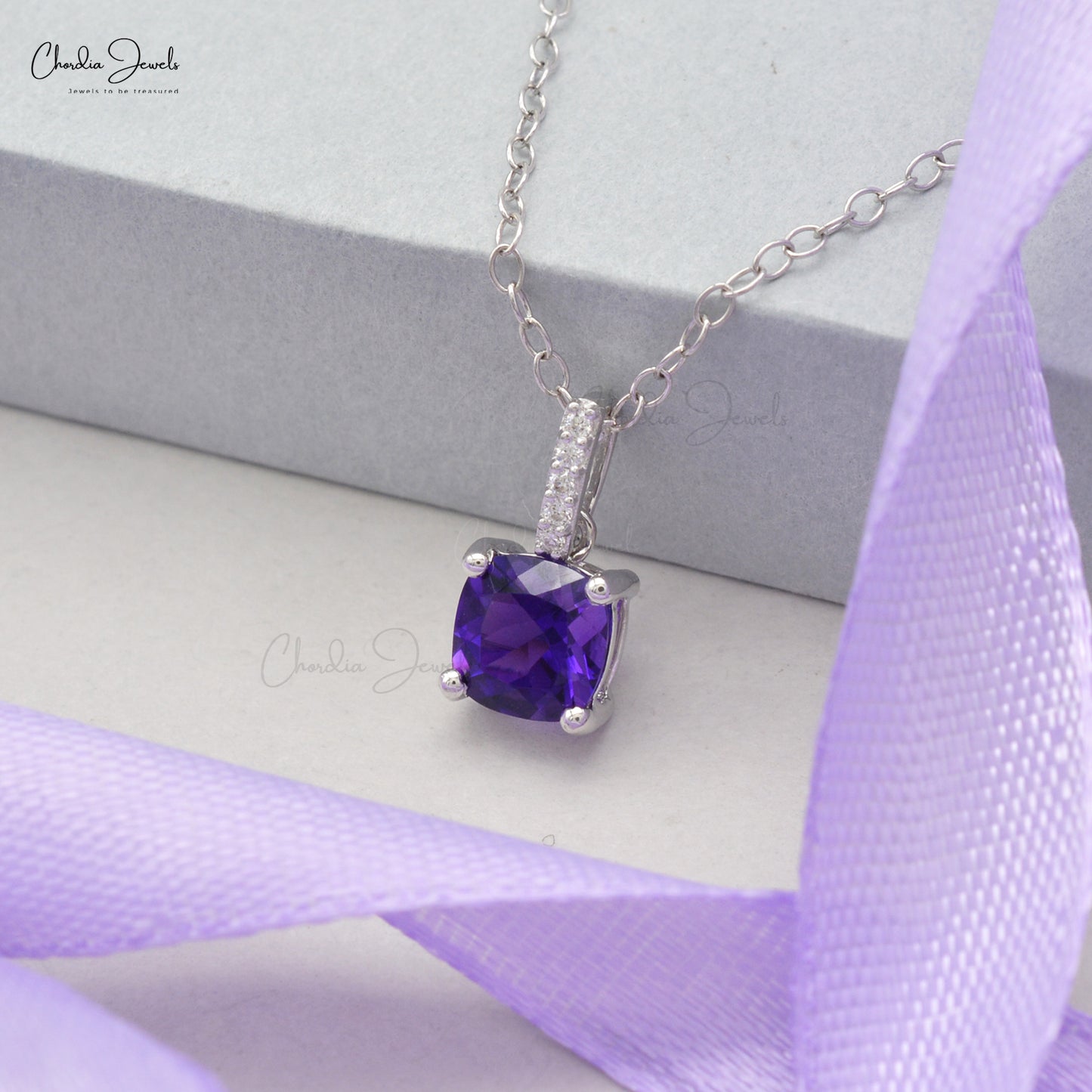 Natural Diamond Dangling Pendant Necklace in 14k Solid White Gold Purple Amethyst Y Chain Necklace For Valentine's Day Gift For Women