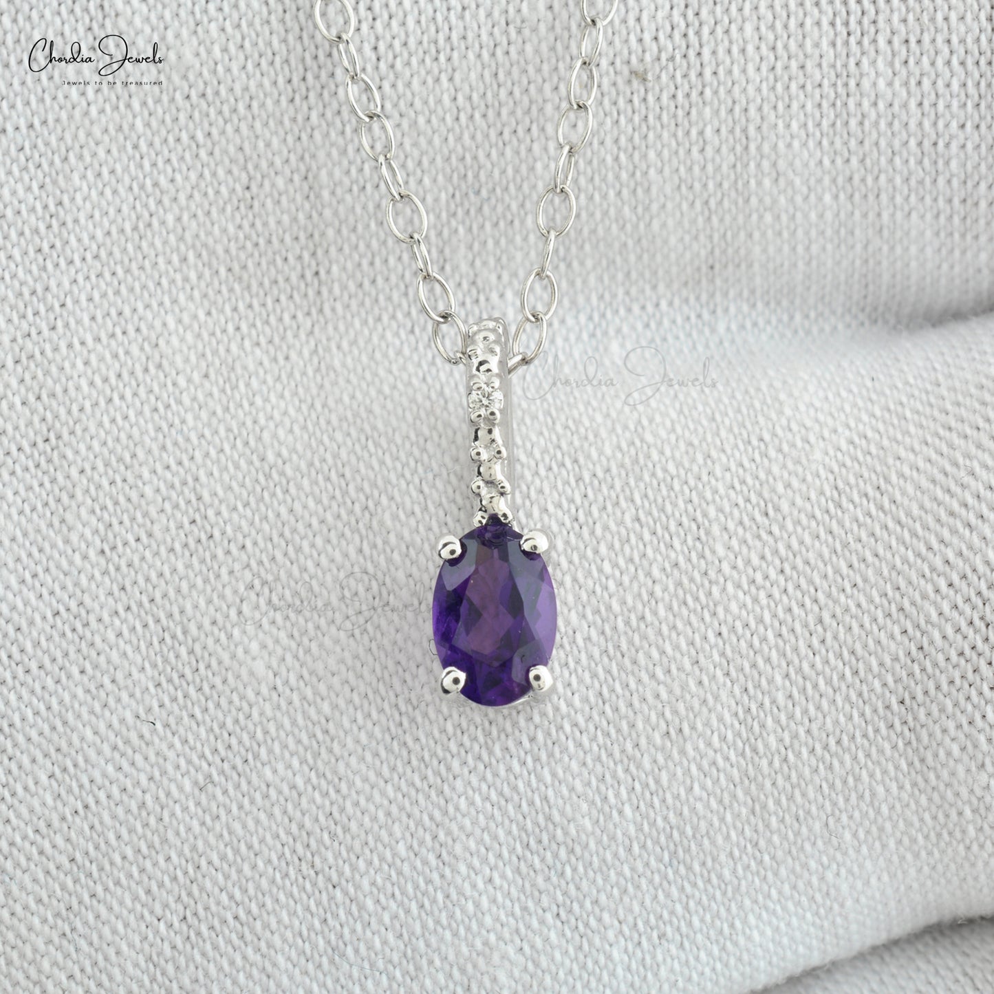 Oval Shaped Genuine Purple Amethyst Hidden Bail Pendant Necklace 14k Real White Gold Diamond Jewelry Wedding Gift