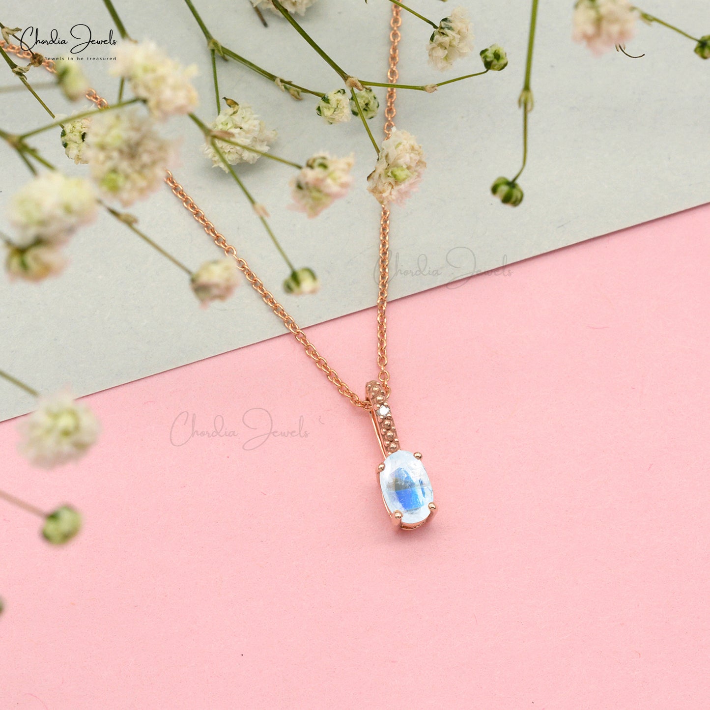 Beautiful Hidden Bail Pendant Necklace Studded White Diamond Authentic Rainbow Moonstone Pendant in Pure 14k Rose Gold Mother's Day Gift