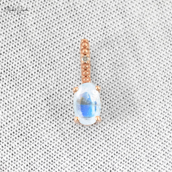 Beautiful Hidden Bail Pendant Necklace Studded White Diamond Authentic Rainbow Moonstone Pendant in Pure 14k Rose Gold Mother's Day Gift