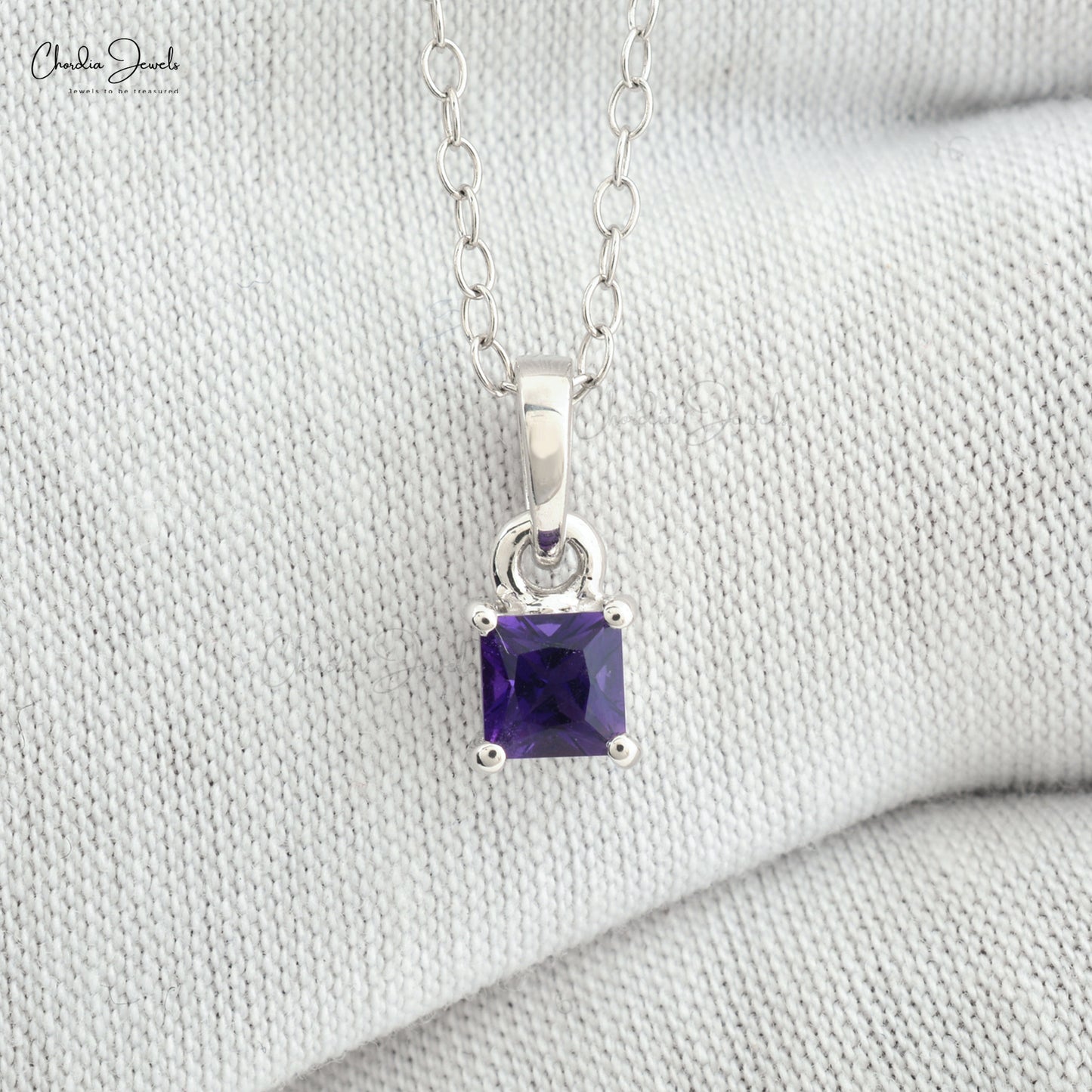 Dainty Square Shape Natural Amethyst Gemstone Pendant Necklace Purple Stone Pendant in 14k Real White Gold Birthday Gift For Mom and Sister