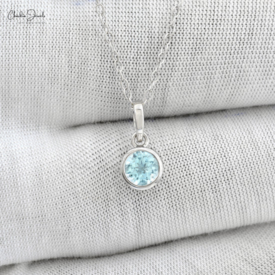 Classic Solitaire Authentic Aquamarine Pendant Necklace For Anniversary in 14k Pure White Gold Perfect Gift For Her