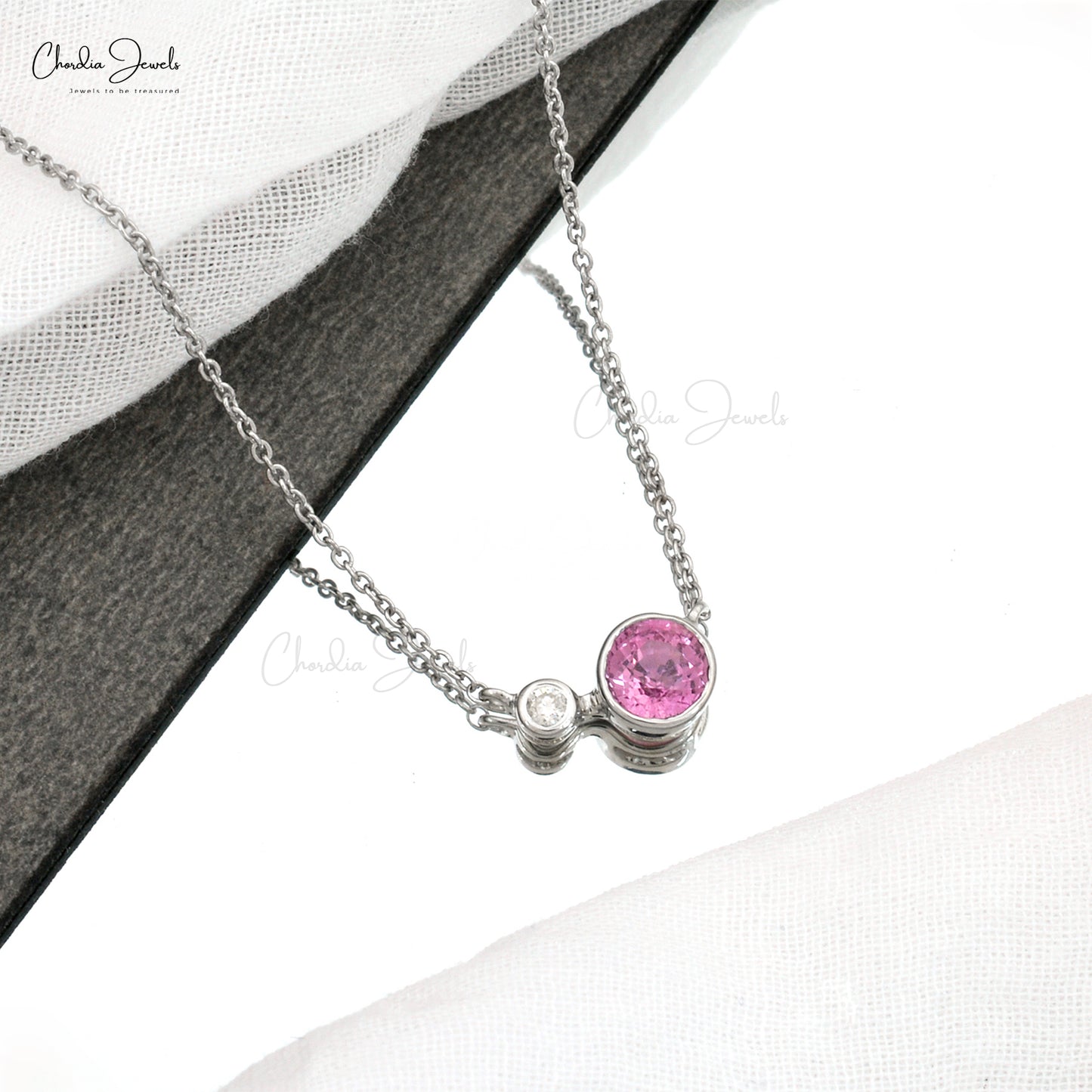 Bezel Set Necklace With 0.6ct Pink Sapphire & Diamond 14k Solid White Gold For Bridesmaid Gift