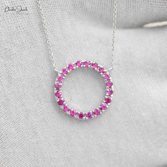 Authentic Pink Sapphire Round Beaded Necklace Pendant For Girls 14k Real White Gold Light Weight Jewelry Wedding Gift