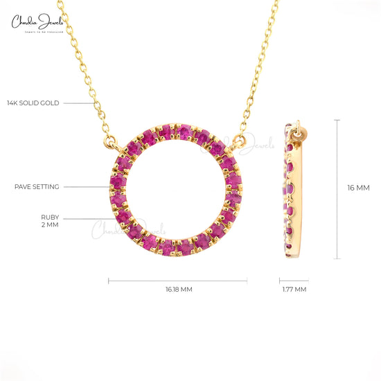 Solid 14k Yellow Gold Genuine Ruby Circle Charm Necklace For Wedding