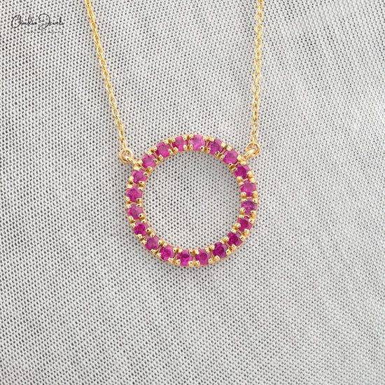 Solid 14k Yellow Gold Genuine Ruby Circle Charm Necklace For Wedding