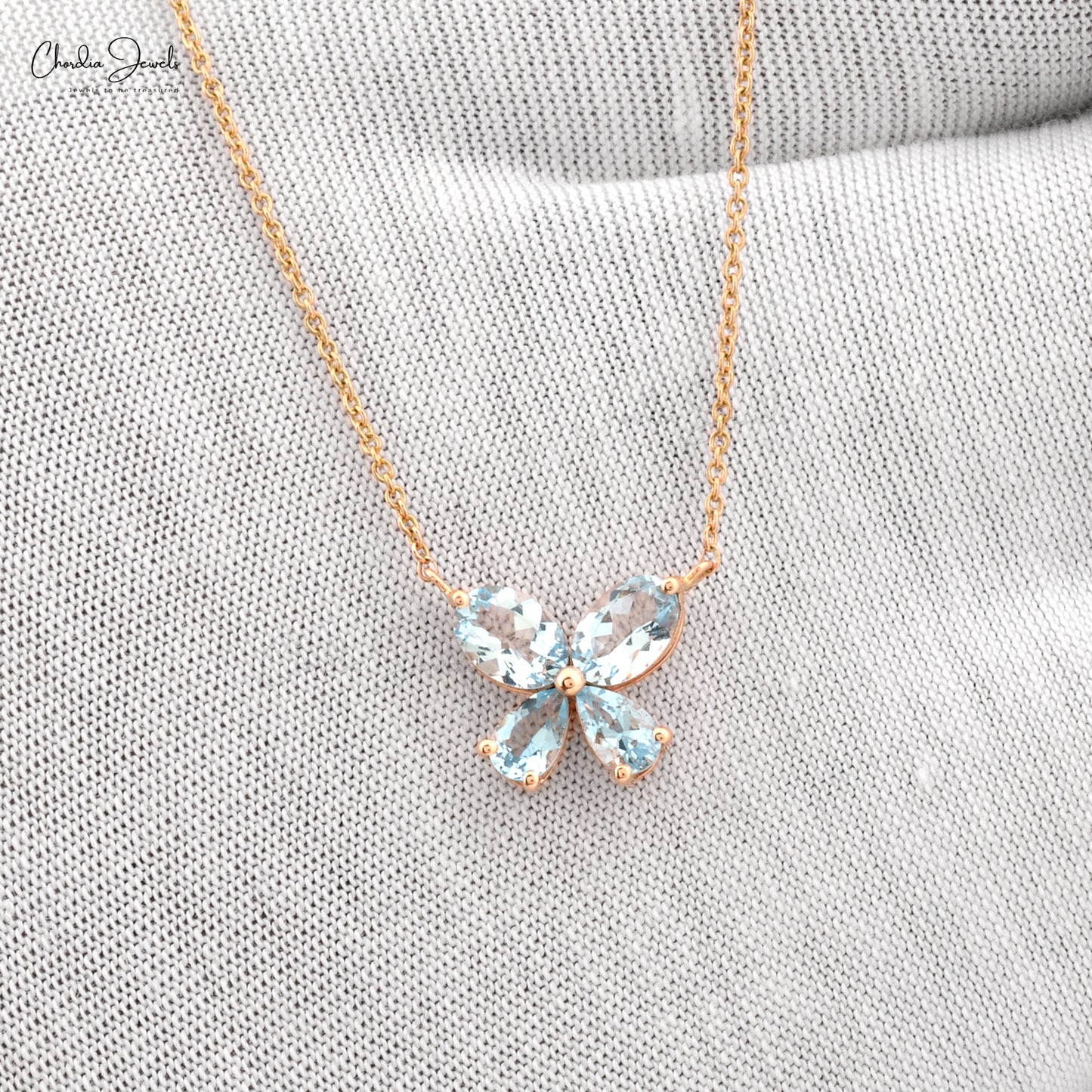 Good Quality Luxury Sky Blue Stone Butterfly Necklace March Birthstone Natural Aquamarine Necklace in 14k Rose Gold Gift For Women