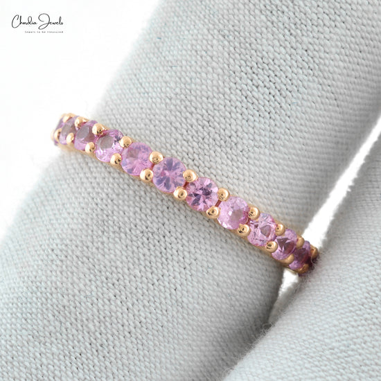 Natural 1.26 Carat Pink Sapphire Full Eternity Band, 2.50mm Round Cut September Birthstone Gemstone Band For Women in 14k Solid Rose Gold