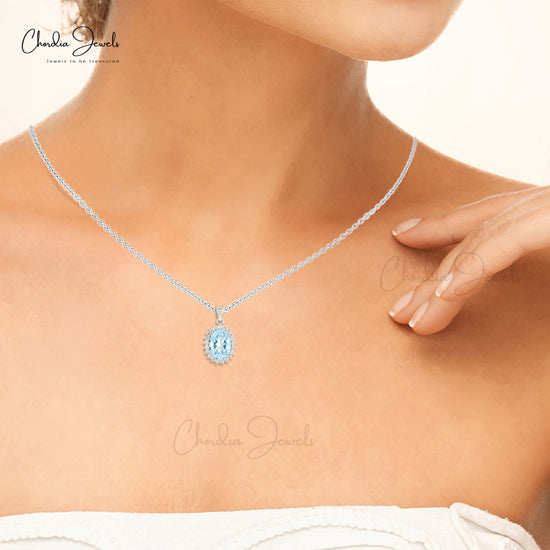 Aquamarine and Diamond Oval Cut Halo Pendant in 14k Solid Gold