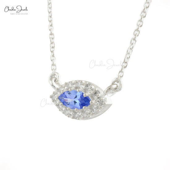 AAA Blue Tanzanite 6x3mm Marquise Cut Halo Necklace 14k Real Gold Diamond Pave Set Pendant December Birthstone Minimal Jewelry For Gift