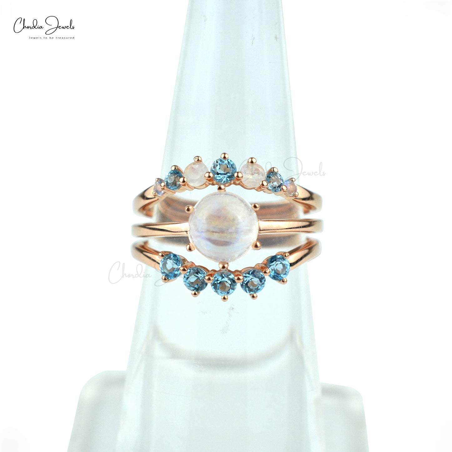 100% Natural Rainbow Moonstone With Swiss Blue Topaz Ring Round Stackable Gemstone Engagement Ring in 925 Sterling Silver At Wholesale Price