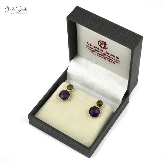 Round Cabochon Cut Natural Amethyst & Green Tourmaline Earrings 925 Sterling Sliver Minimalist Trendy Jewelry At Factory Cost